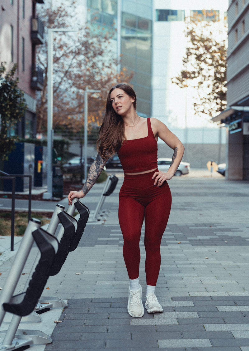 TYC Holiday Bundle Effortless Classic Leggings + Square Neck Crop Top - Cranberry