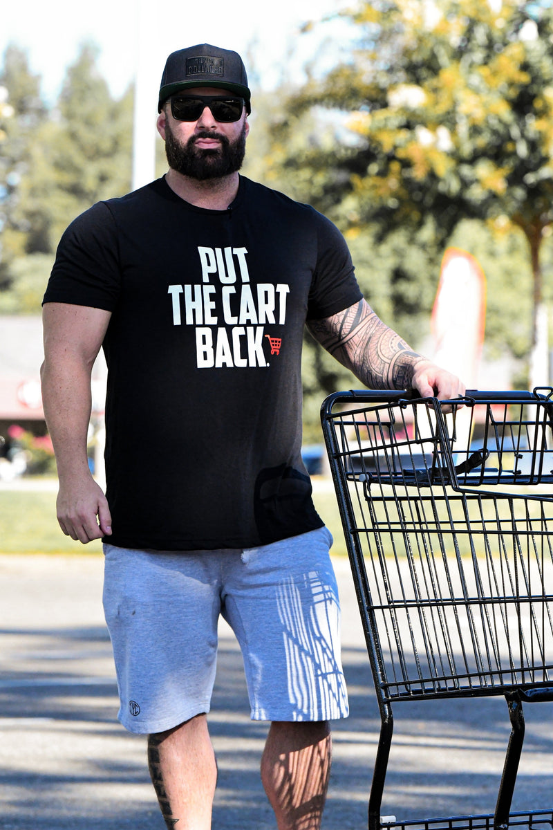 Bearded man wearing black T-shirt with quote "Put the cart back"