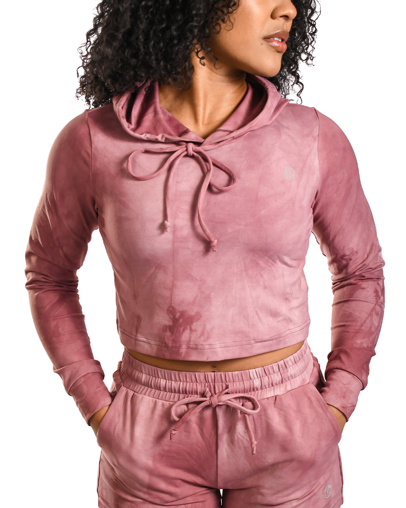Luxe Loungewear Crop Hoodie - Pink Tie Dye